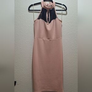 Coral Halter Pencil Dress with Black Lace